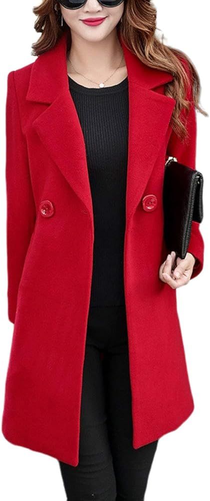 Omoone Women's Long Sleeve Slim Fit Warm Winter Wool Blend Pea Coat Overcoat | Amazon (US)
