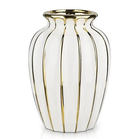 7.8" White Ceramic Flower Vase with Gold-Edge Modern Wave Vase Ribbed Textured Flower Vase for Home Decor Table Centerpiece | Walmart (US)