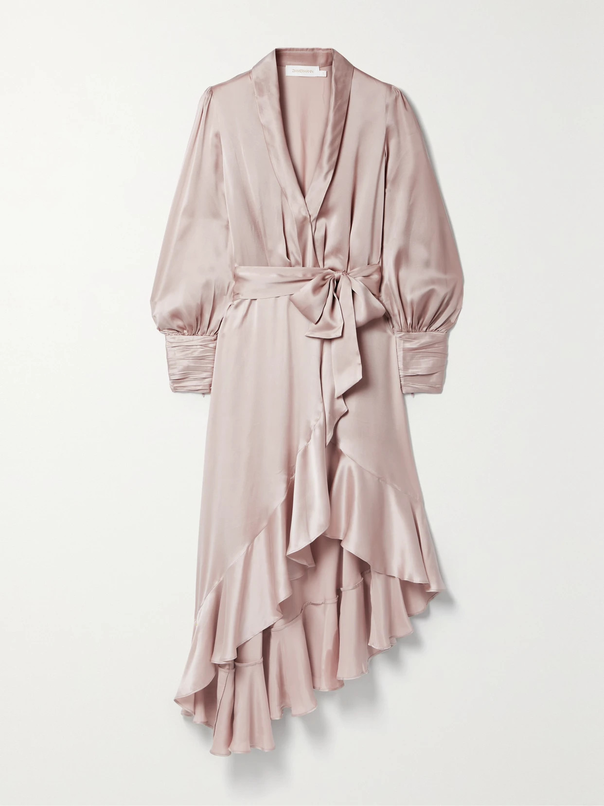 Zimmermann - Asymmetric Ruffled Silk-satin Midi Wrap Dress - Pink | NET-A-PORTER (US)