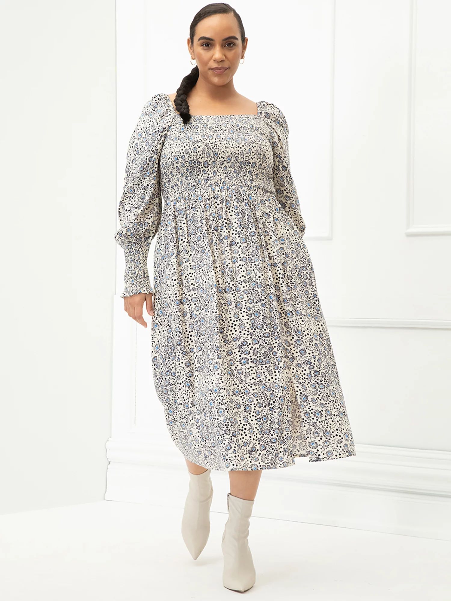 ELOQUII Elements Women's Plus Size Dandelion Print Midi Dress with Smocked Bodice | Walmart (US)
