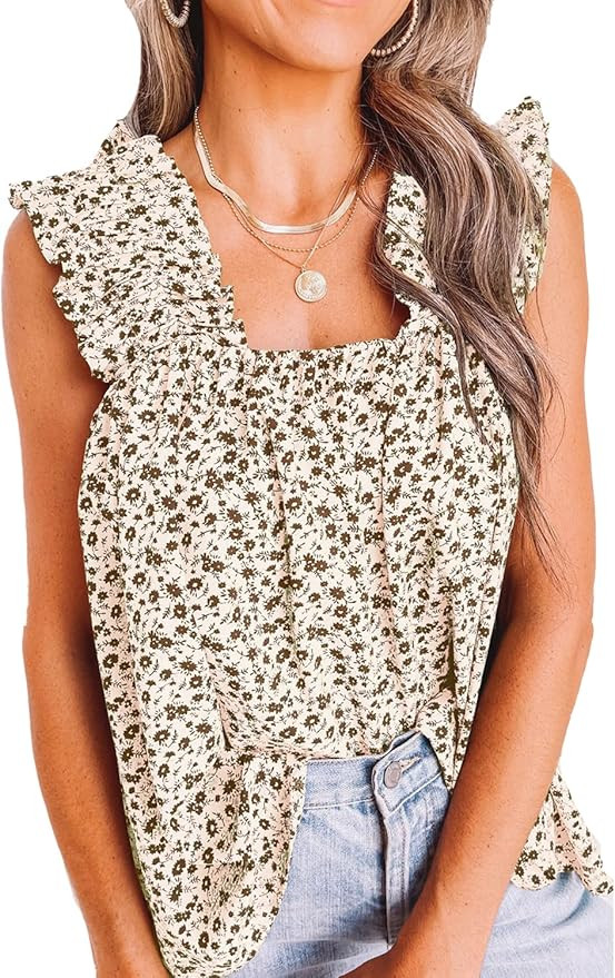 PRETTYGARDEN Boho Floral Tank Tops for Women, Shirred Straps Pleated Summer Casual Sleeveless Shi... | Amazon (US)