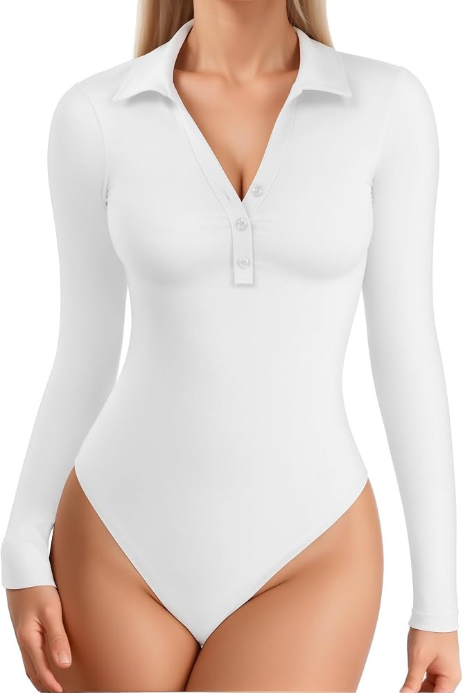MANGOPOP Henley Bodysuit for Women Button Down Long Sleeve Tops Body Suits Dressy Blouse Casual | Amazon (US)