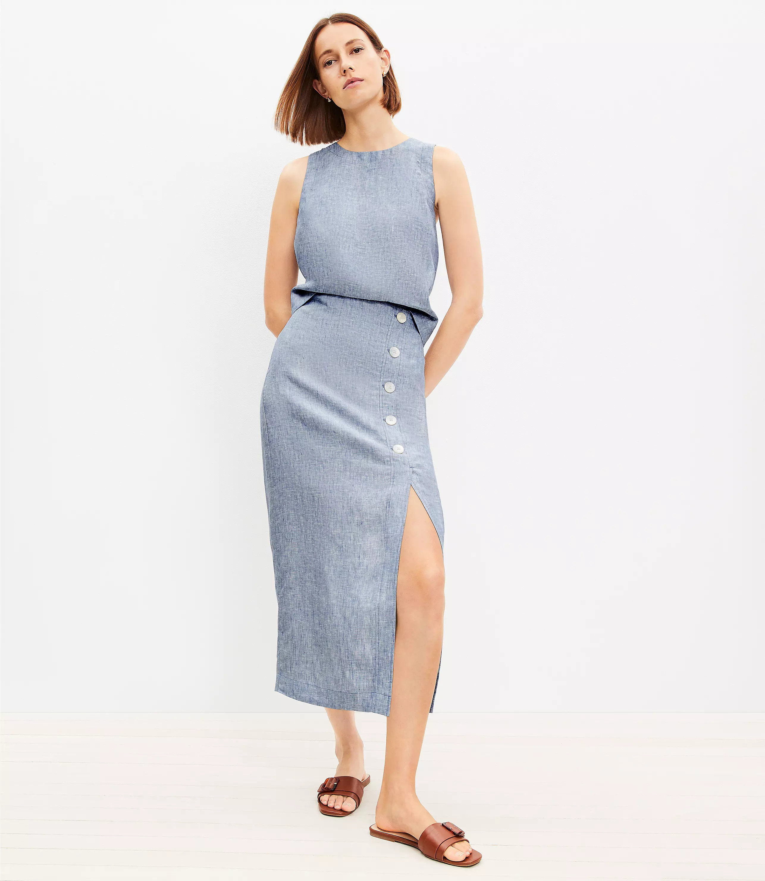 Chambray Linen Button Trim Midi Skirt | LOFT