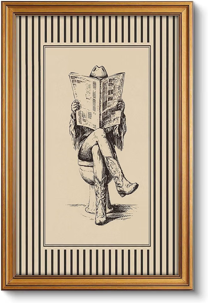 Gold Framed Wall Art, Funny Western Cowgirl Bathroom Canvas Prints, Cowgirl Reading Newspaper on ... | Amazon (US)
