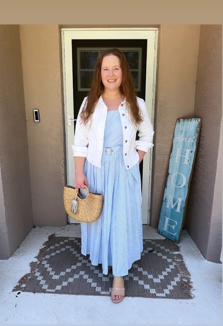 Blue and white, Target style, Target dress, Madewell sandals, Sea and Grass tote, Loft style, white denim, jean jacket 

#LTKstyletip #LTKSeasonal #LTKmidsize