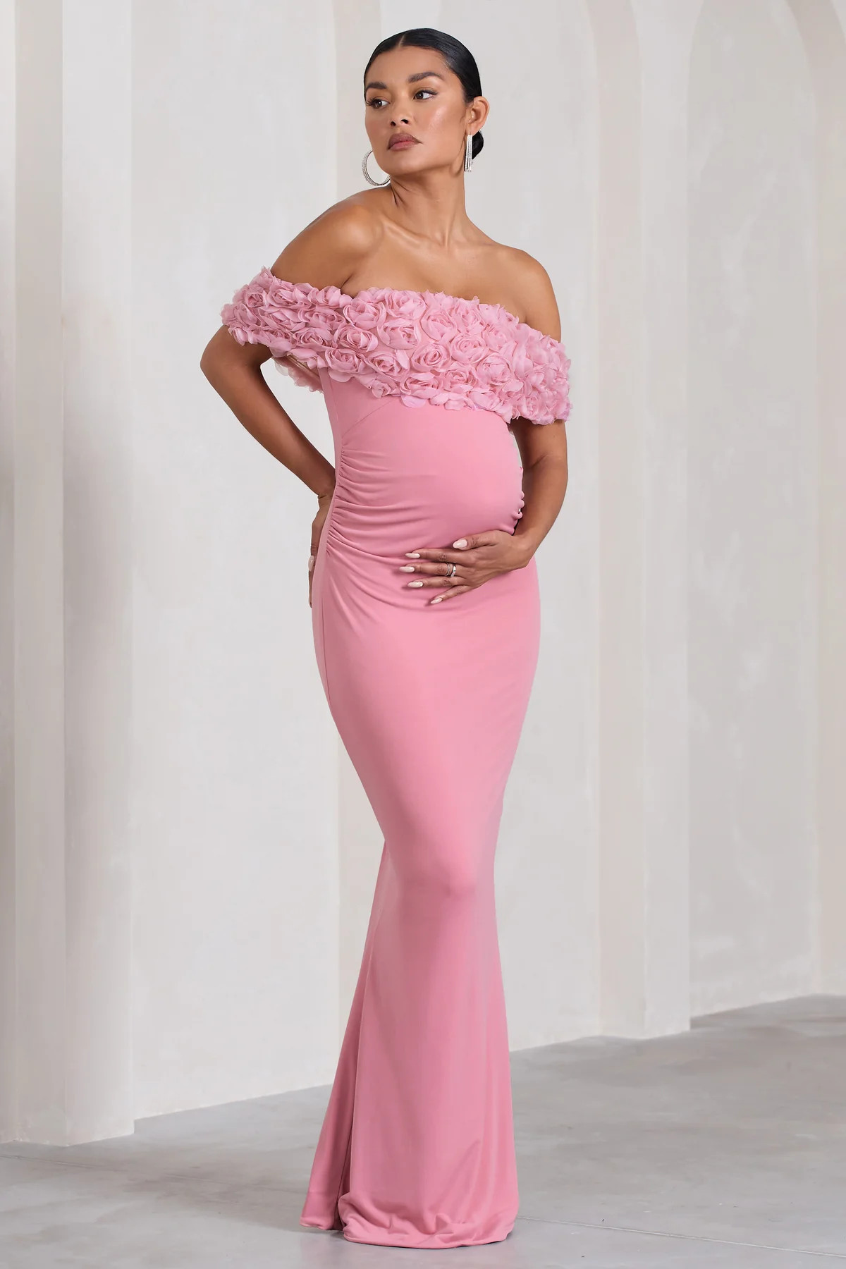 Inflorescence | Blush Pink Mesh Floral Bardot Maternity Maxi Dress | Club L London