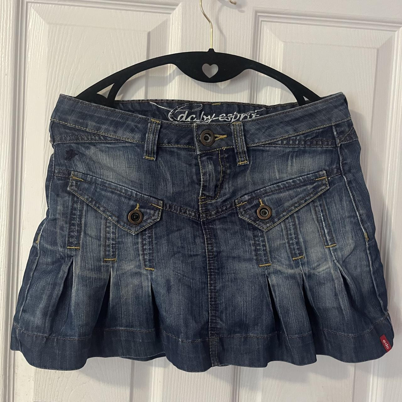 Vintage denim mini skirt with pleats and pocket... | Depop US