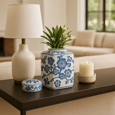 Decorative Cherry Blossom Chinoiserie Jar with Lid - Modern Home Decor Accent for Living Room Table, Bedroom, and Office Desk - 9", Blue & White | Target