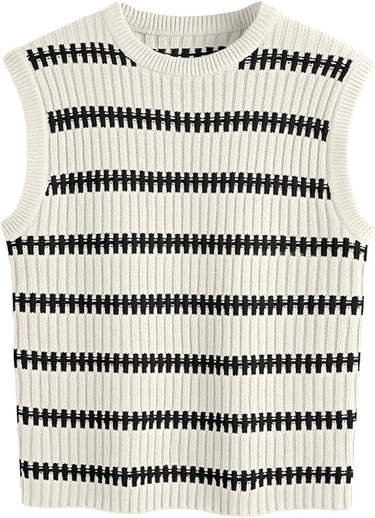 LILLUSORY Sweater Tank Tops for Women Fall Crew Neck Sweater Sleeveless Striped Knit Vest | Amazon (US)