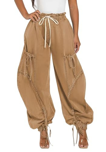 Kwunbwa Women's Baggy Cargo Jogger Jeans Barrel High Waisted Wide Leg Drawstring Y2K Loose Harem Denim Pants with Pockets Brown | Amazon (US)