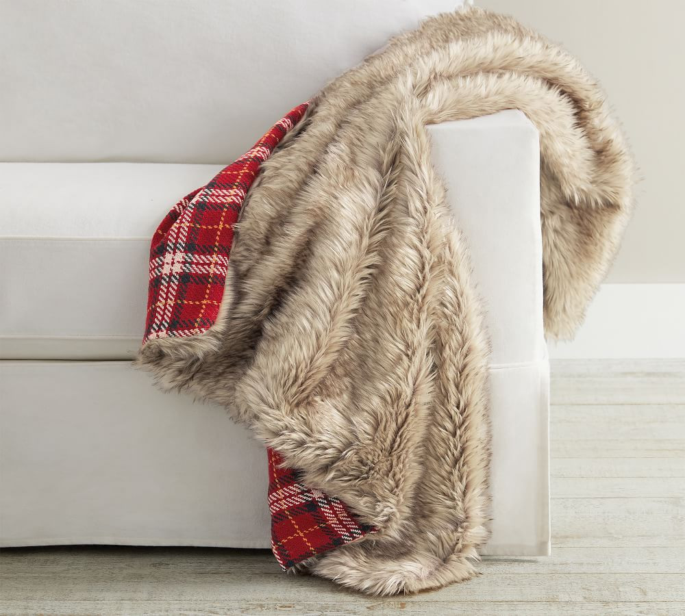 Nottingham Faux Fur Plaid Throw, 50 x 60&amp;quot;, Red | Pottery Barn (US)