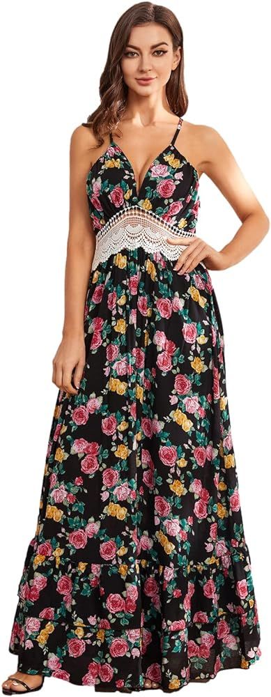 BSXIJIE Women's V Neck Maxi Dress Crochet Dresses Boho Floral Print Spaghetti Strap Dress | Amazon (US)