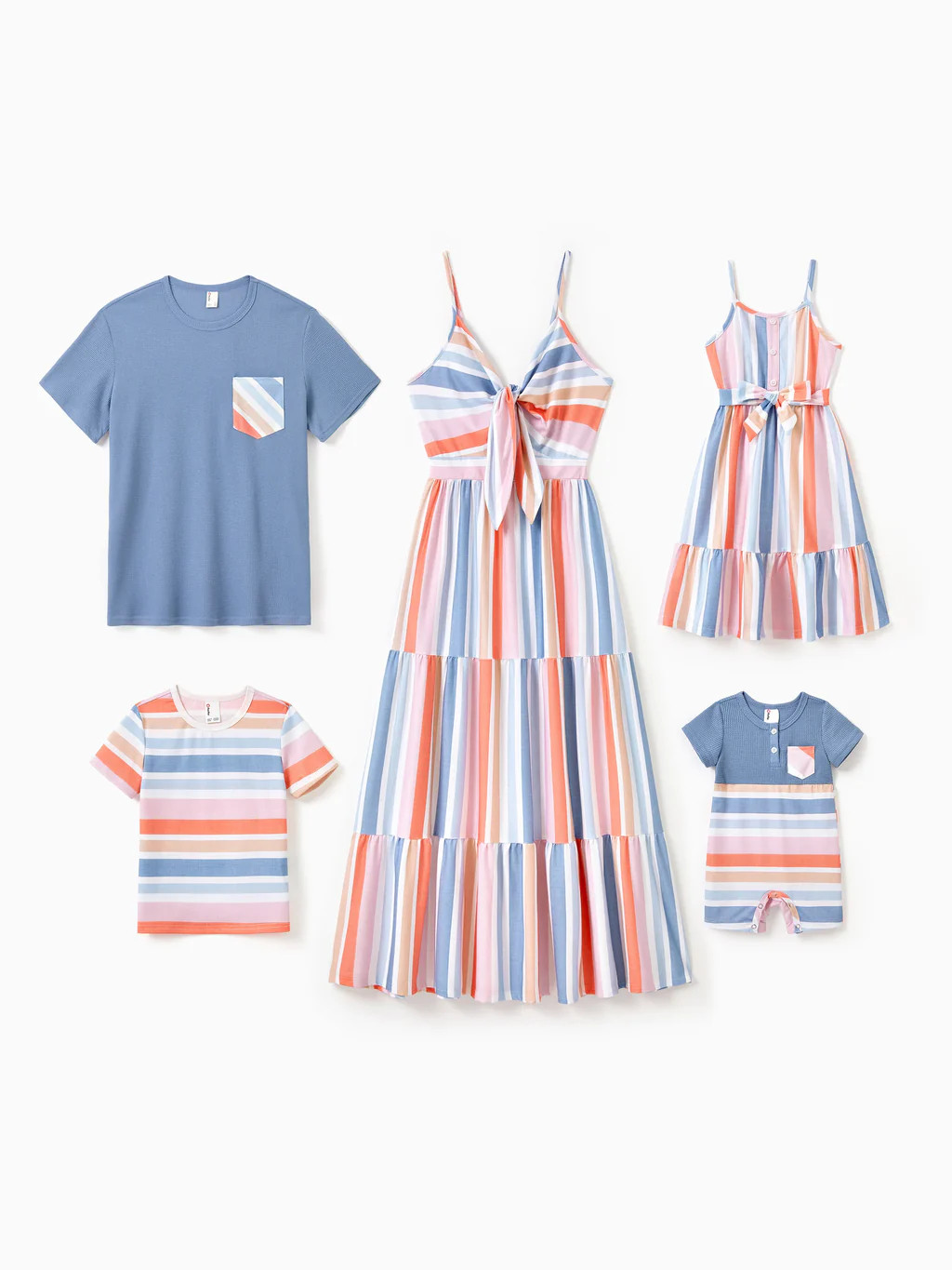 Family Matching Blue Short-sleeve Tee or Colorful Stripe Camisole Dress Multi-color | PatPat