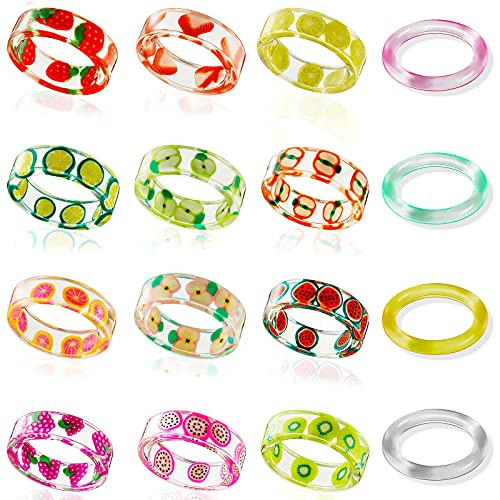 Hicarer 16 Pieces Resin Fruit Transparent Rings Set Cute Acrylic Indie Rings Ring Aesthetic Summer Knuckle Colorful Finger Retro Plastic Jewelry for Women | Amazon (US)