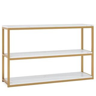 BYBLIGHT Turrella 43.3 in. White and Gold Rectangle Faux Marble Console Table Entry Table with 3-Tie | The Home Depot