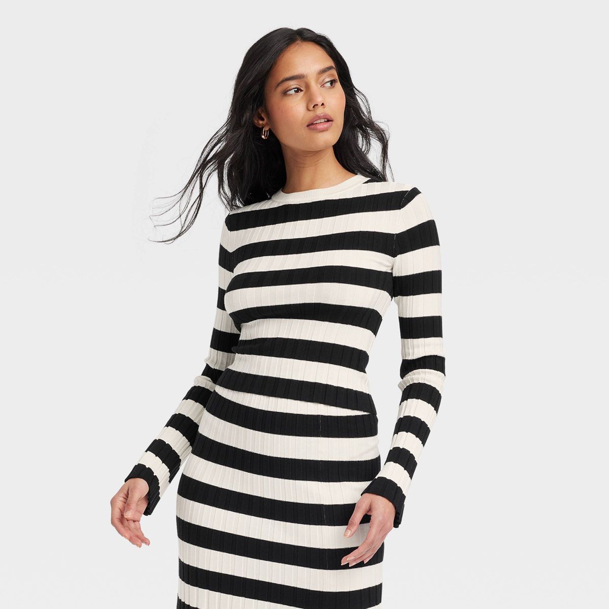 Women's Crewneck Pullover Sweater - A New Day™ Cream/Black Striped M | Target