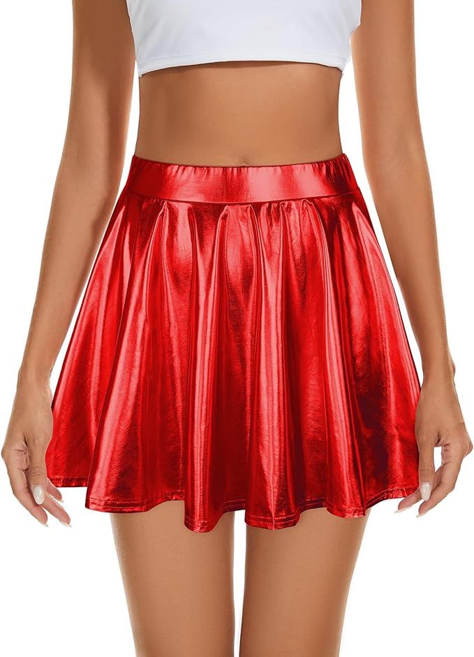Century Star Womens Metallic Skirt Halloween Silver Shiny Flared High Waist Mini Holographic Plea... | Amazon (US)