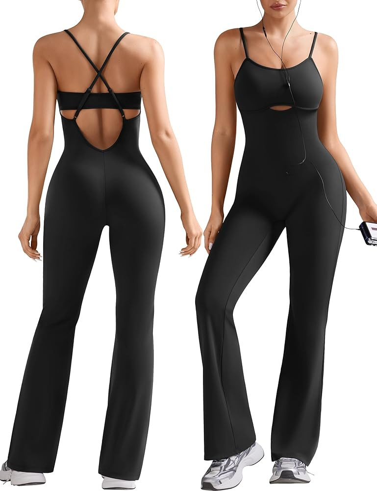 OLCHEE Womens Workout Flare Jumpsuits One Piece Backless Criss Cross Adjustable Straps Gym Yoga R... | Amazon (US)