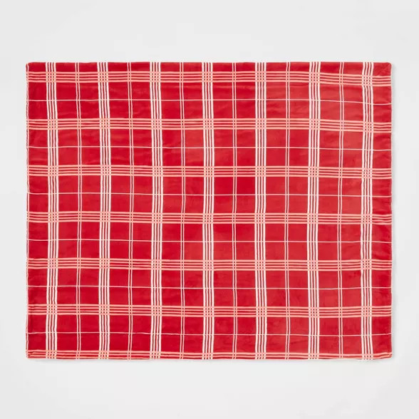 Windowpane Plaid Printed Plush with Sherpa Reverse Christmas Throw Blanket - Threshold™ | Target