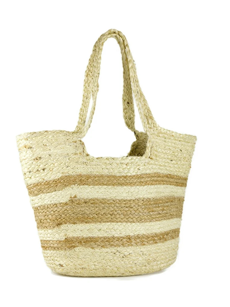 Women's Striped Woven Jute Beach Tote Bag with Double Handle | Walmart (US)