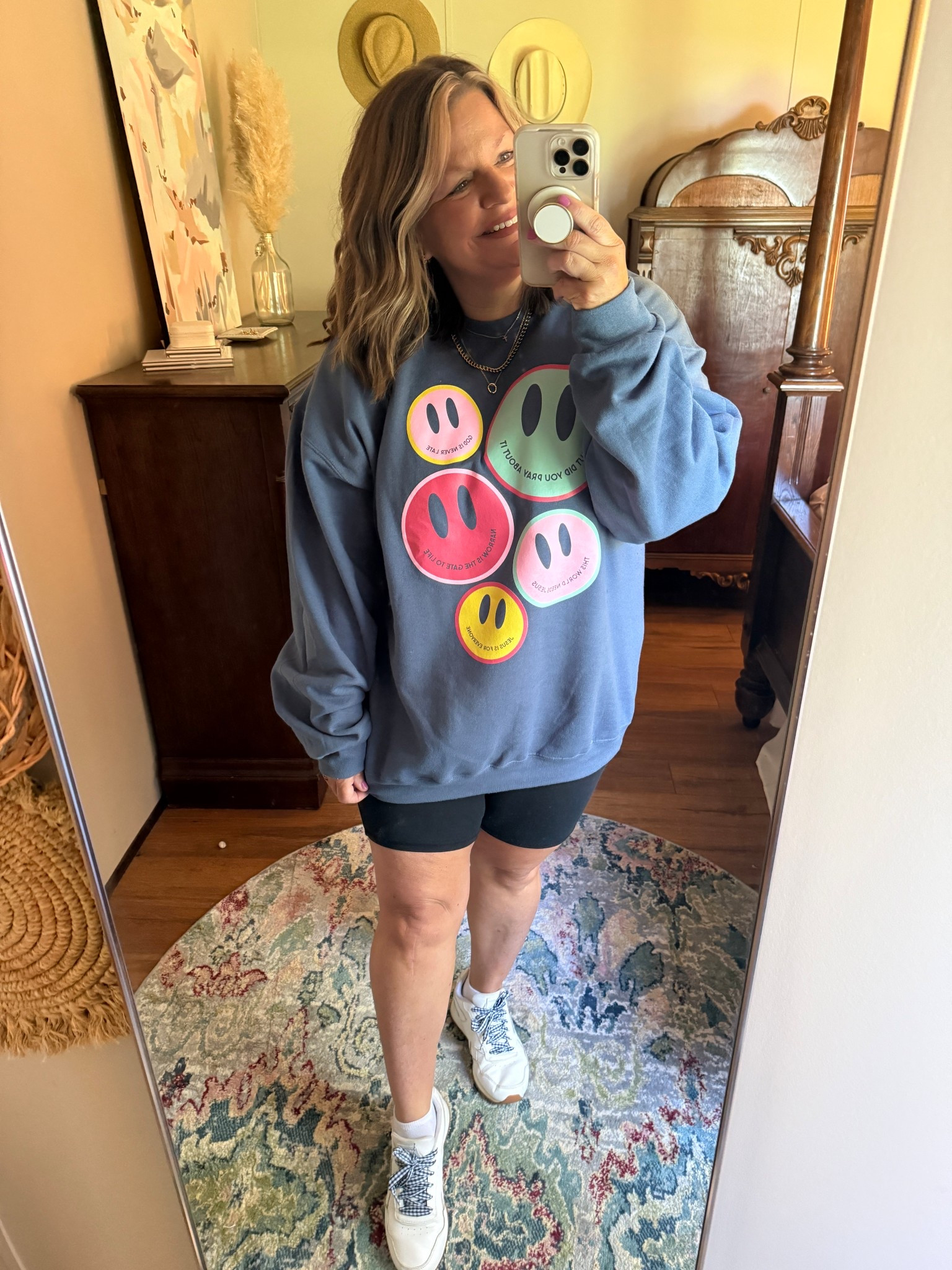 Absolutely loving my new sweatshirt from Poppy & Pine, paired with my fave bike shorts and classic Reeboks. 

#LTKStyleTip #LTKOver40 #LTKMidsize