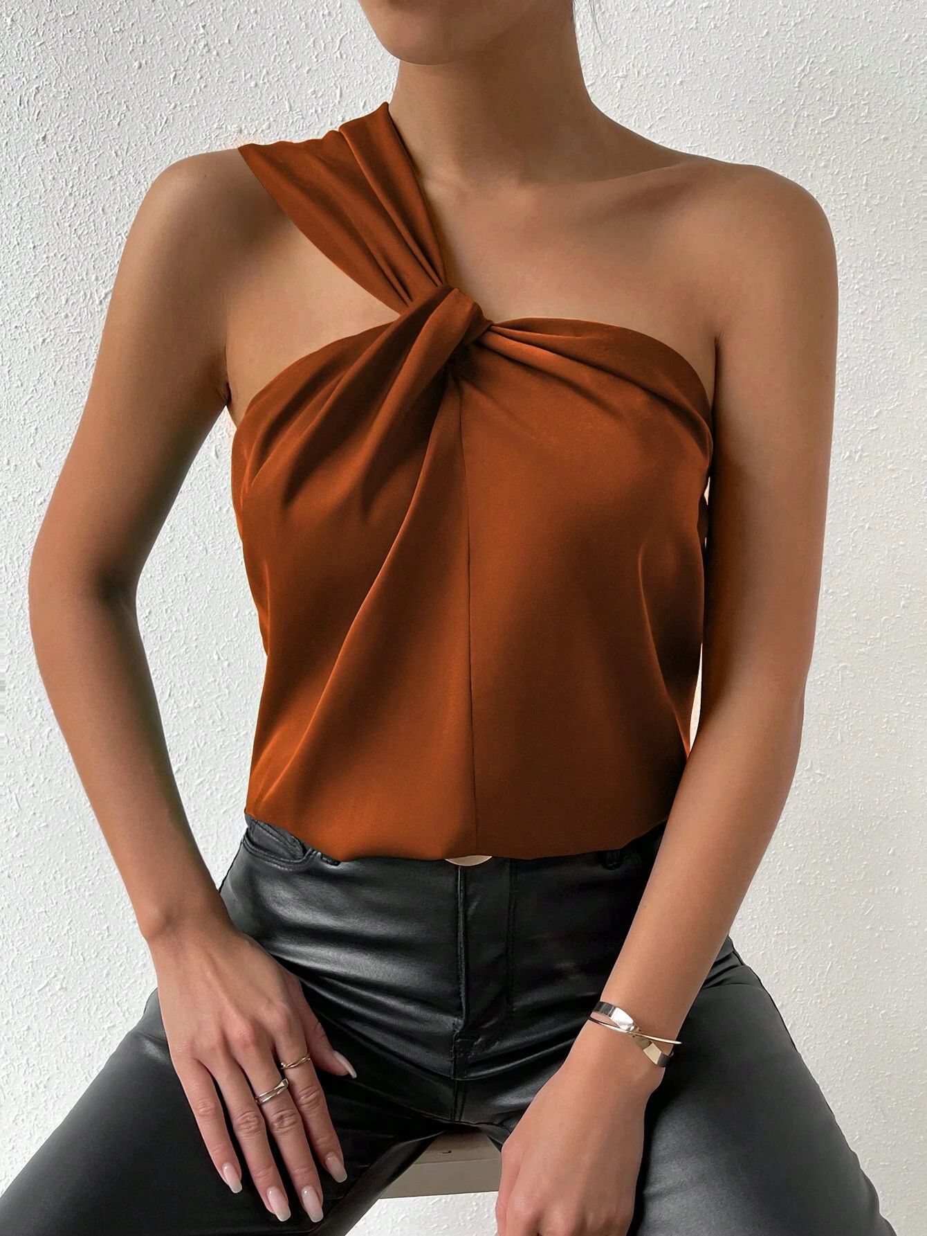 SHEIN Privé One Shoulder Twist Front Satin Blouse | SHEIN