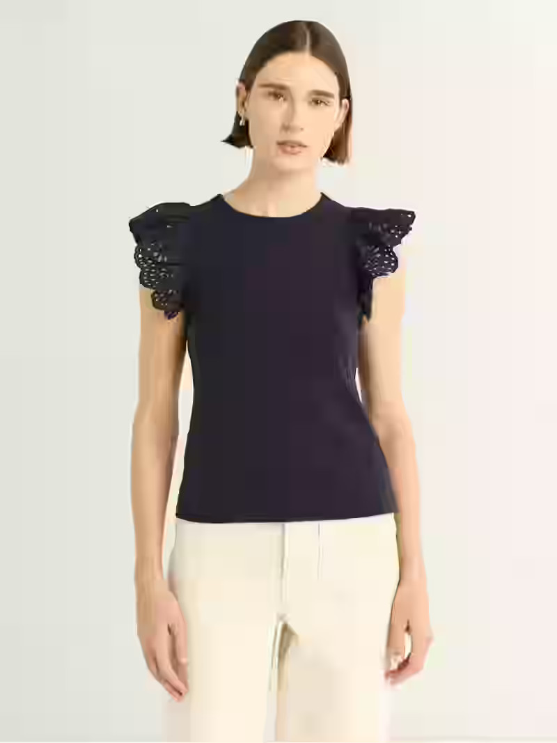 Free Assembly Women's and Women's Plus Eyelet Flutter Sleeve Tee, Sizes XS-4X | Walmart (US)