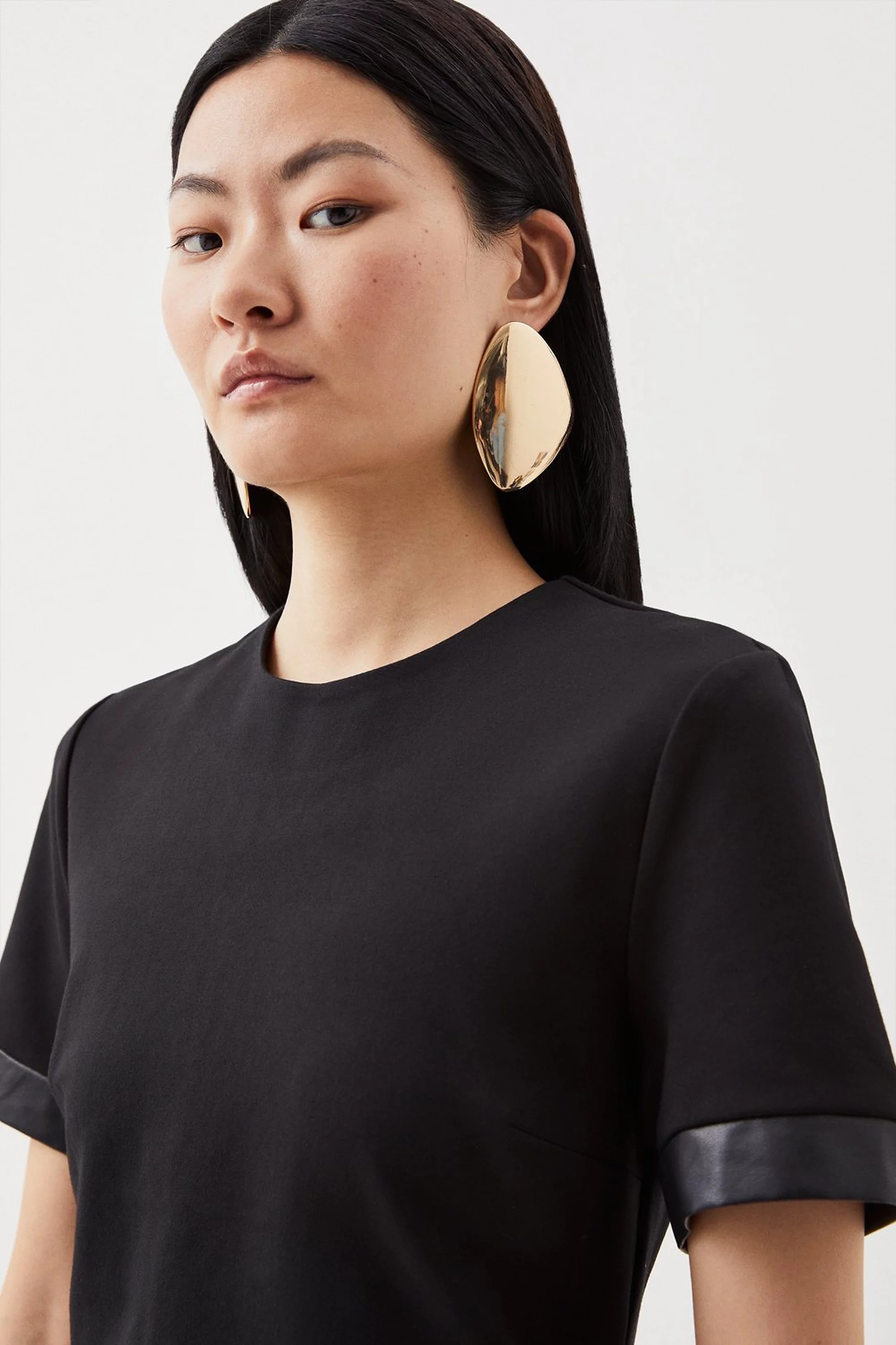 Ponte Pleated Hem Short Sleeve Keyhole Mini Dress | Karen Millen UK + IE + DE + NL