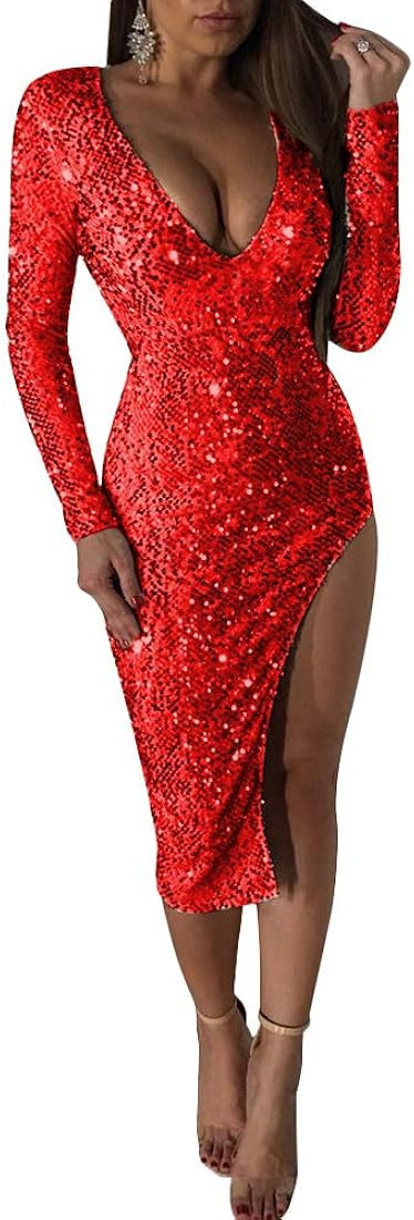 Women’s Sequins High Waist Bodycon Solid Color Dress Sexy Sequined Side Split Skirt Sparkly Spl... | Amazon (US)