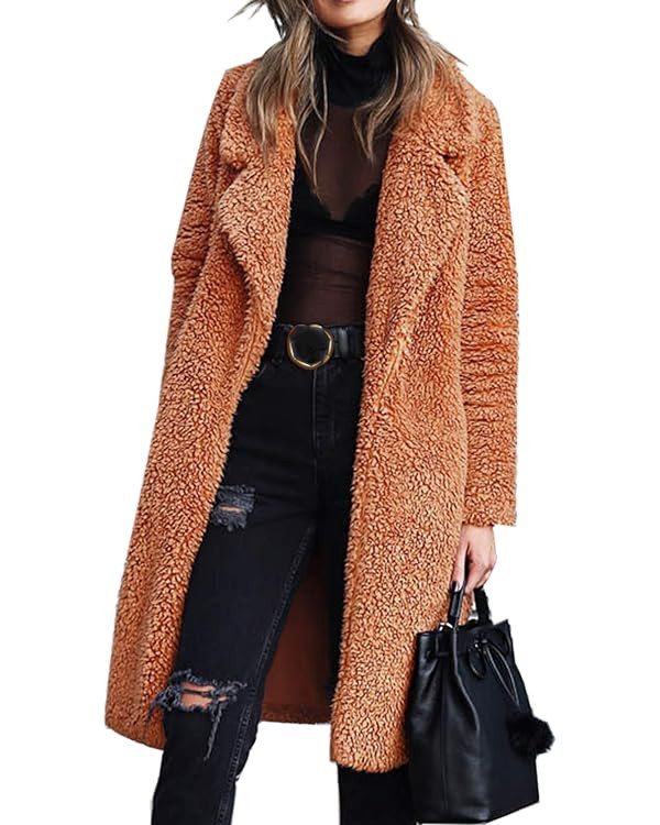 Angashion Women's Fuzzy Fleece Lapel Open Front Long Cardigan Coat Faux Fur Warm Winter Outwear J... | Amazon (US)
