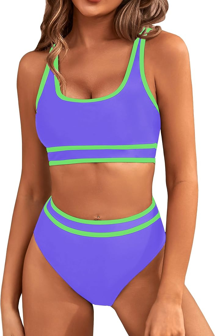 BMJL Women's High Waisted Bikini Sets Sporty Two Piece Swimsuits Color Block Cheeky High Cut Bath... | Amazon (US)