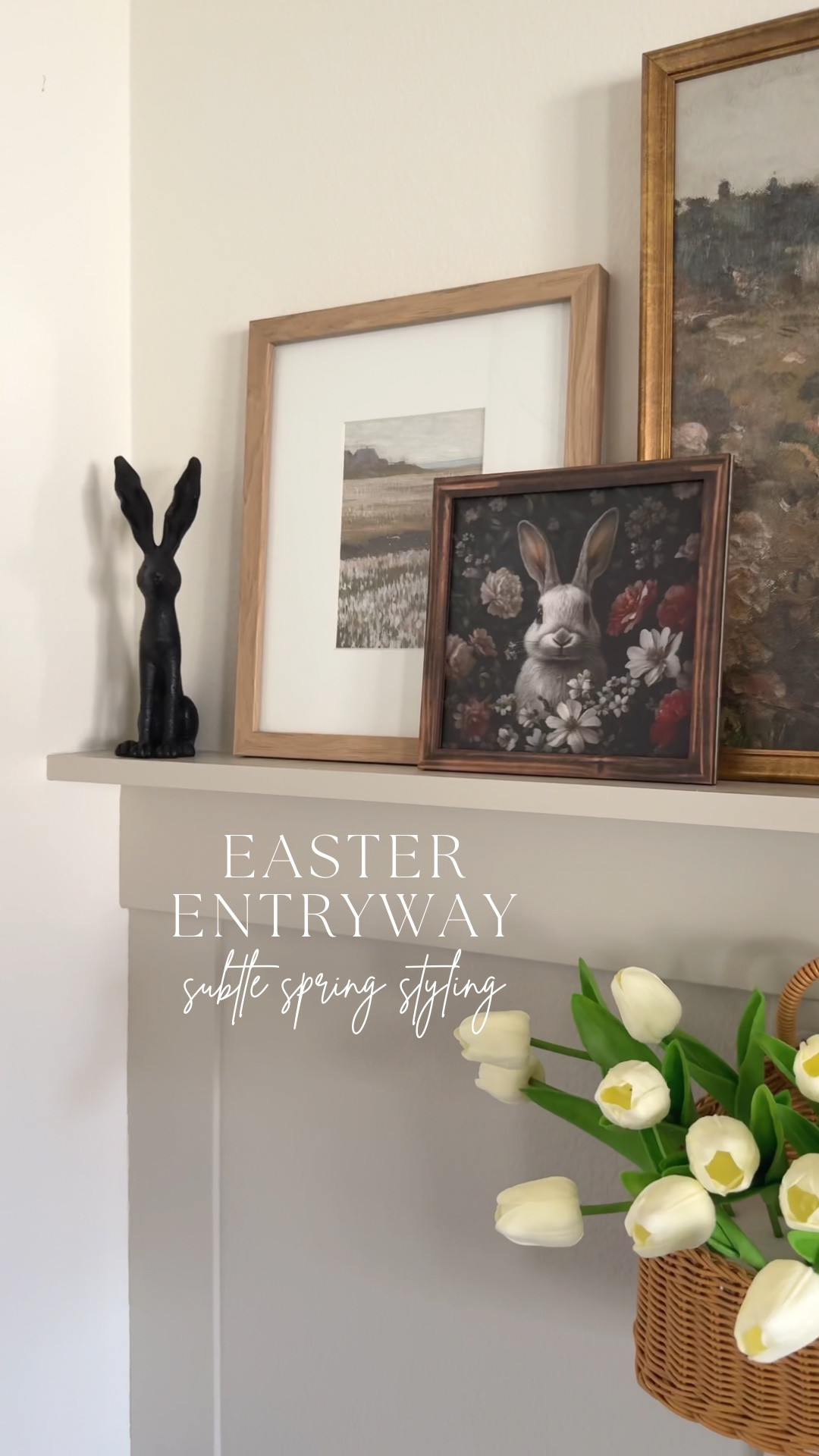 I kept this space simple with a soft mix of warm neutrals and subtle seasonal details—layered bunny art, the sweetest little statue, and a mix of pillows that add just enough Easter without feeling overdone (the egg bunny pillow might be my favorite find).

I finished the look with a rattan basket filled with cream tulips for a fresh spring touch while keeping everything cohesive with the rest of my home. Just a few small swaps that make the entryway feel ready for Easter 🐣

#LTKHome #LTKSeasonal
