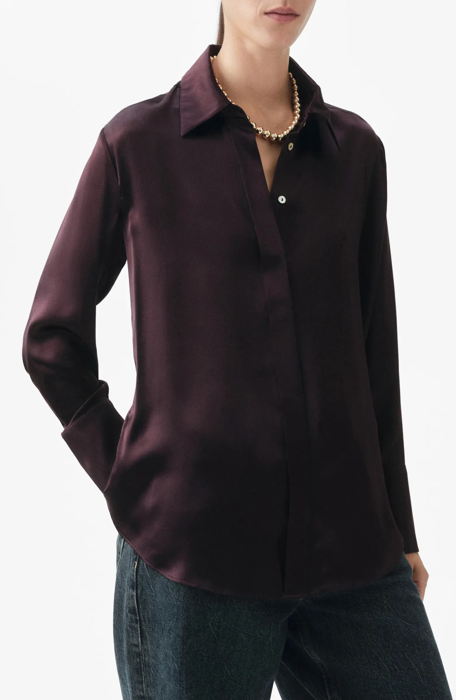 MANGO Selection Silk Satin Button-Up Shirt | Nordstrom | Nordstrom