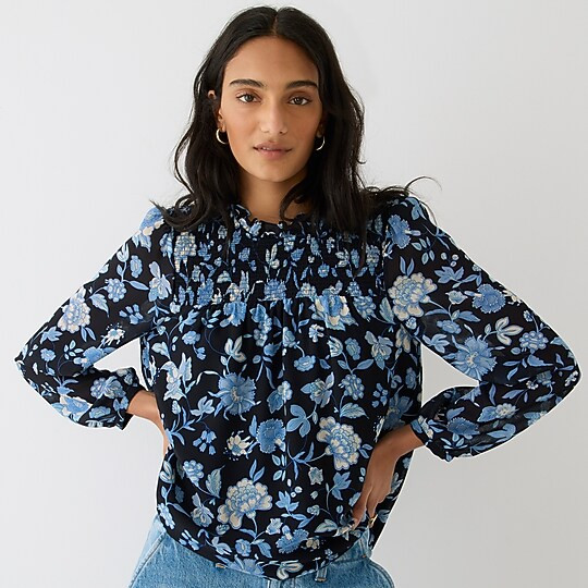 Ruffleneck chiffon top in midnight-blue floral | J. Crew US