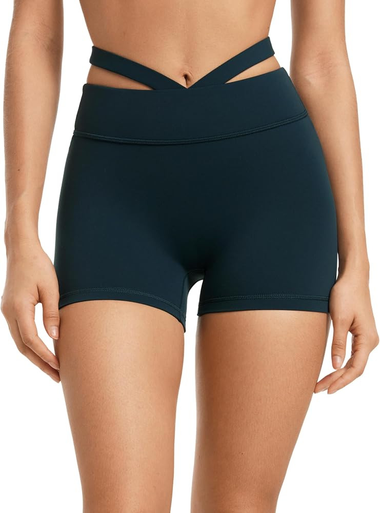 INGIA Womens Biker Shorts 4 Inches High Waisted No Front Seam Hollow Belt Running Workout Yoga Sh... | Amazon (US)