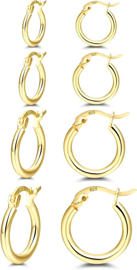 14K Gold Plated Hoop Earrings - 4 Pairs Sterling Silver Post Small Hoops| Gold Hoop Earrings Sets... | Amazon (US)