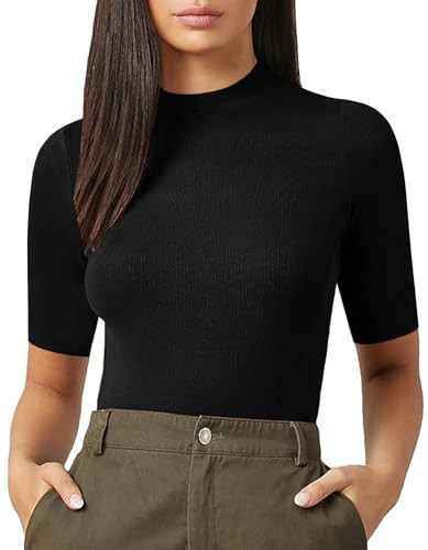 UNTYHOTS Women's Casual Basic Mock Neck Short Sleeve Tee Top (Short Sleeve Black Small) | Amazon (US)
