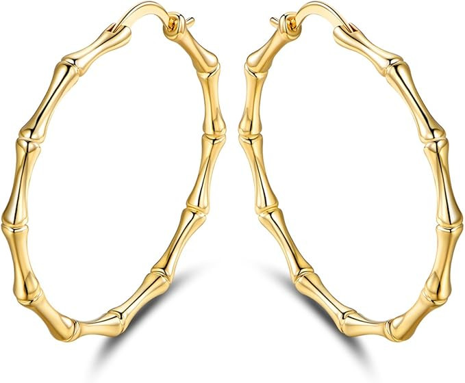 Womens Gold Bamboo Hoop Earrings | Barzel 18K Gold, Rose Gold, or White Gold Plated Bamboo Hoop E... | Amazon (US)