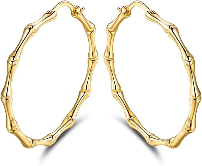 Womens Gold Bamboo Hoop Earrings | Barzel 18K Gold, Rose Gold, or White Gold Plated Bamboo Hoop E... | Amazon (US)