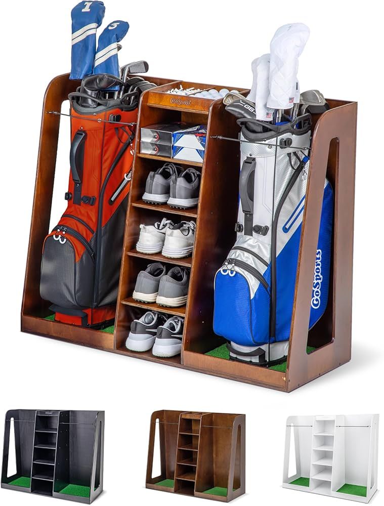 GoSports Premium Wooden Golf Bag Organizer and Storage Rack - Holds 2 Golf Bags - Black, White or... | Amazon (US)