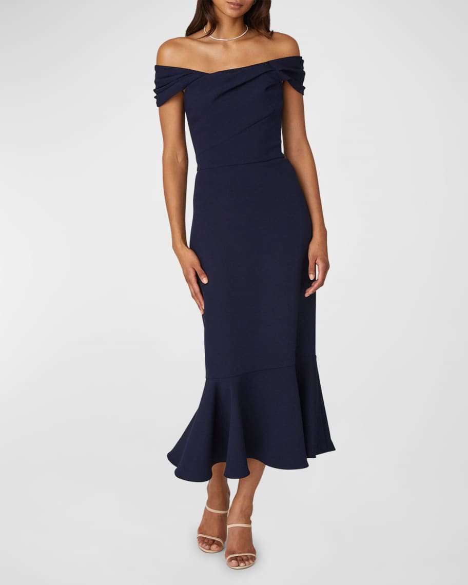 Off-Shoulder Stretch Crepe Midi Dress | Neiman Marcus