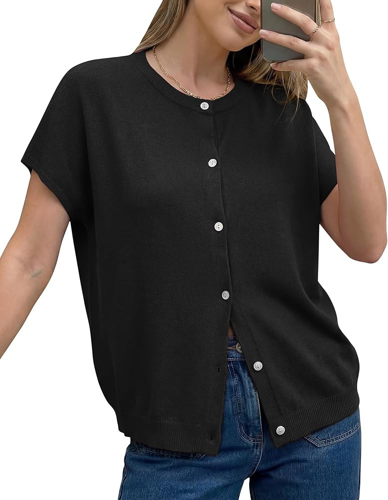 Arach&Cloz Women's Wool Blend Oversized Lightweight Cardigan Short Sleeve Summer Casual Sweaters ... | Amazon (US)