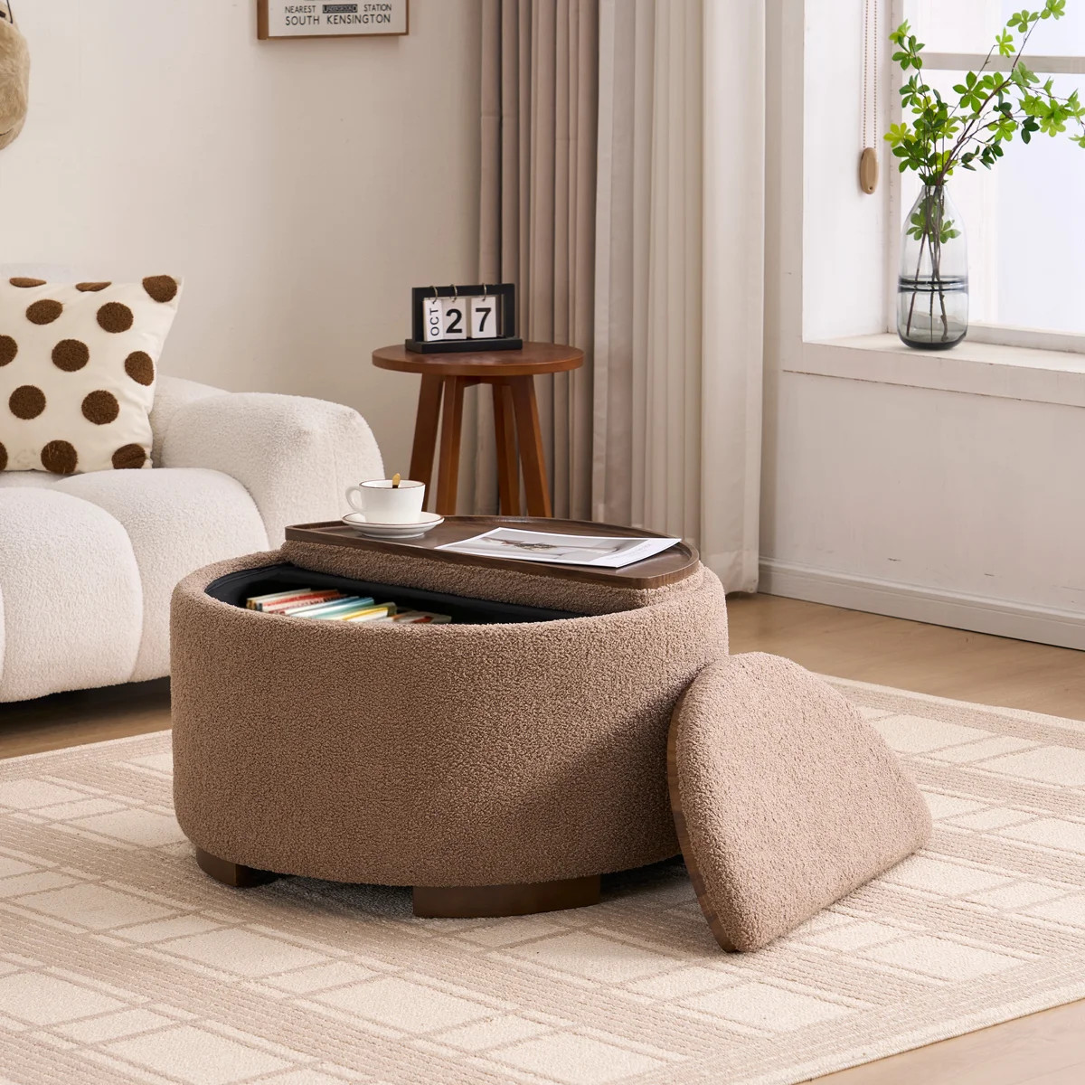 Modern Round Storage Ottoman with Half-half Split Wooden Tray | Wayfair North America