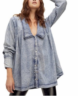Free People Charlie M Oversized Acid Washed Button Up Denim Swing Shirt 90s | eBay US
