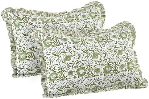 CPC Agate Green 100% Cotton Block Print Ruffle Sham Cover 20x30 inch Pack of 2, Handmade Boho Flo... | Amazon (US)