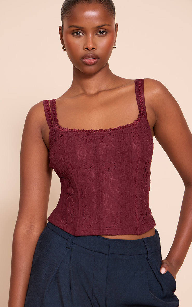 Wine Lace Detail Strappy Cropped Corset Top | Pretty Little Thing (Australia & New Zealand)