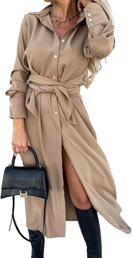 Women Long Sleeve Midi Shirt Dress Collared Knee Length Tie Waist Shirtdress Fall Winter Button D... | Amazon (US)