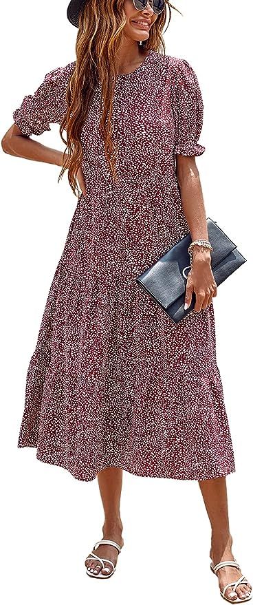 PRETTYGARDEN Women's Summer Casual Boho Dress Floral Print Ruffle Puff Sleeve High Waist Midi Bea... | Amazon (US)