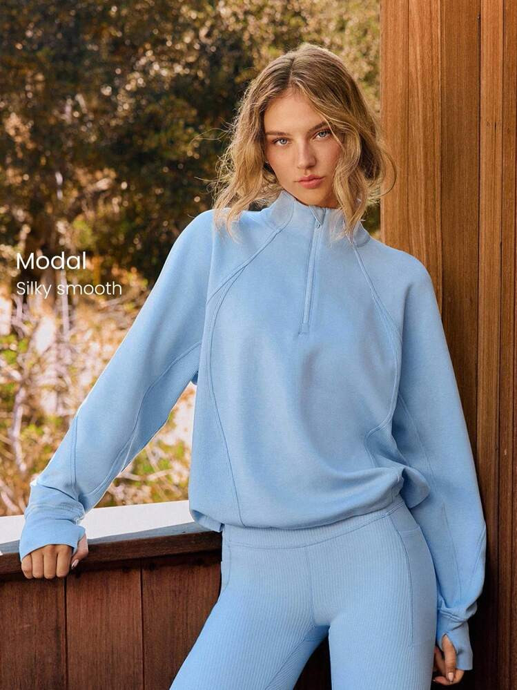 GLOWMODE Modal Loose Fit Ribbed Panels Adjustable Hem Half-Zip Collar Sweatshirt With Thumbholes Daily Casual Wear  Spring Summer | SHEIN