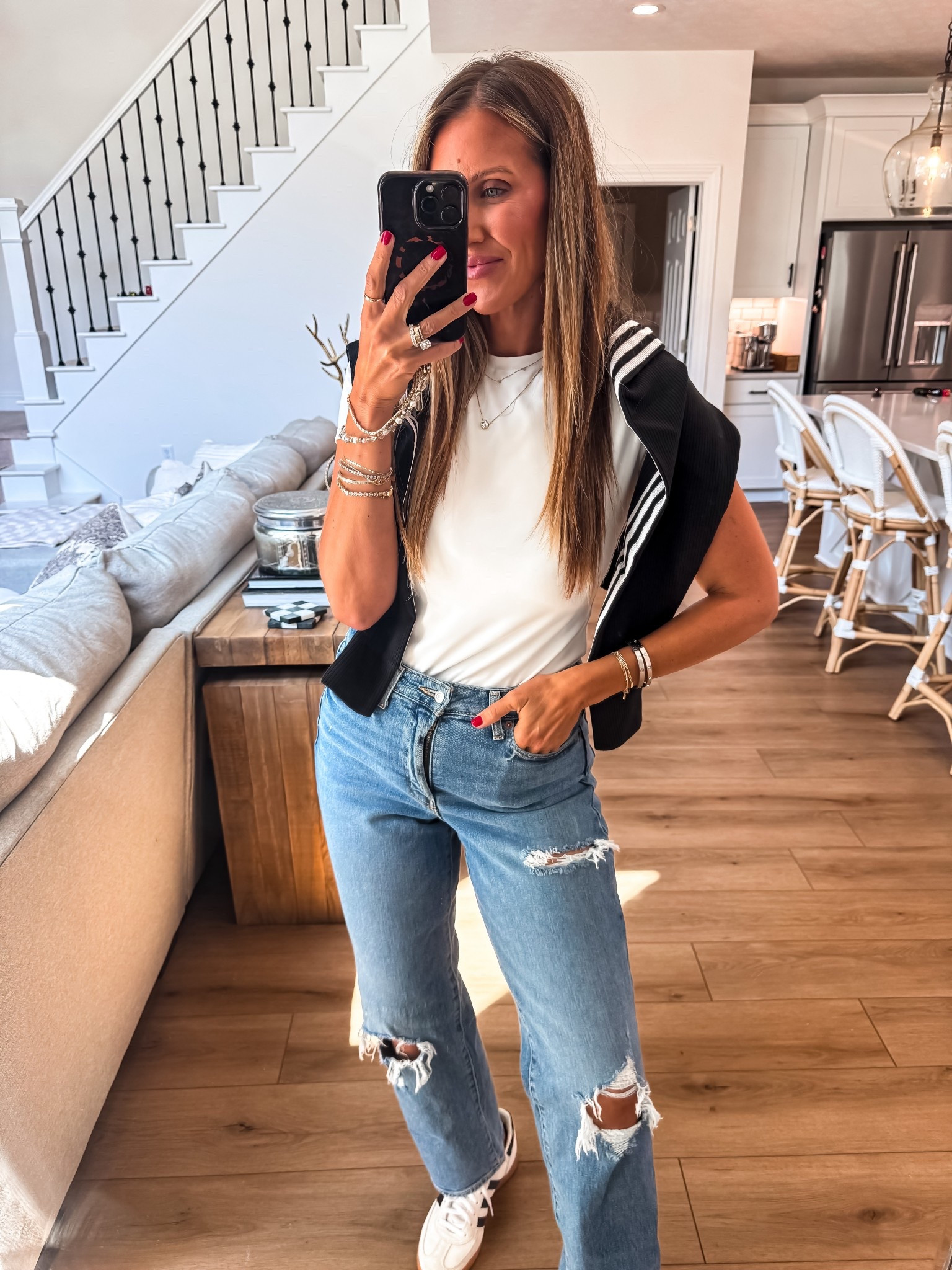 High-rise loose denim size, large white T-shirt, Adidas sports Mom outfit

#LTKOver40 #LTKMidsize #LTKSaleAlert